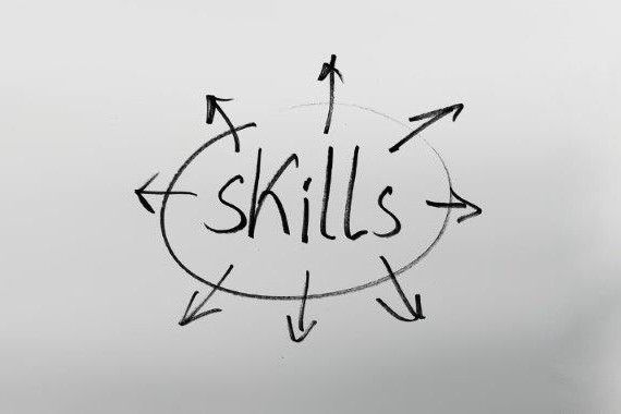 Wort "Skills" in der Mitte eines Kreises, Pfeile nach außen